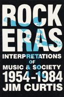 Cover of Rock Eras is white type on black background with a blue guitarist ghosted over the white letters.