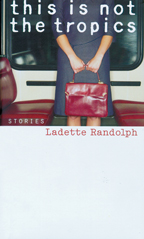 the cover of Randolph's book features a photo illustration of a woman in a sober blue dress clutching a red purse as she stands by a subway or airport shuttle seat