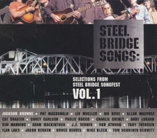 Image is of a silver bridge with images of people playing instruments and singing.