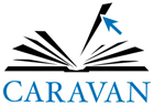 Caravan logo is blue and black and represents a opening book.