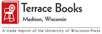 Logo for Terrace Books has a picture of a white Union chair on a red book.