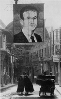 badly painted portrait of President Hafez al-Assad hovers over an old Damascus street