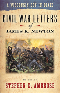 The cover of A Wisconsin Boy in Dixie is blue, parchment white and red. The central image is of Union soldiers in a battle.