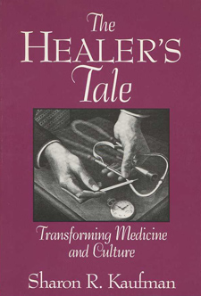 Kaufman's book is purple and white with a black and white image of hands holding medical tools.