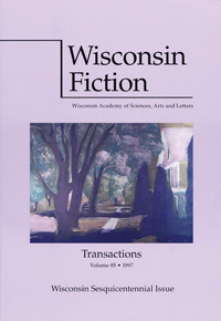 Wisconsin Fiction cover is purple and contains an oil painting of a path lined with trees and a house. Transactions is the series title.