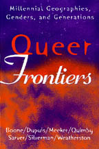 cover of Queer Frontiers is a purple background with a blurry cloud of redish orange.