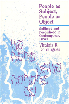 This book is light blue, white and purple, with several abstract images of heads