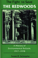 the cover of Save the Redwoods is green, with a green tinted photo of a stand of redwoods.