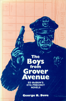 Cover of The Boys from Grover Avenue has a salmon-colored background and a dark blue image of a cop.