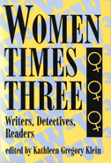 Cover of Women Times Three is yellow and gray, with gray W3 images repeated in the background.