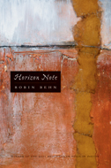 cover image for "Horizon Note" by Robin Behn, background is an abstract artwork of orange, tan, and silver colors. 