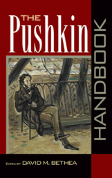 cover of the Pushkin Handbook is in tones of sepia, black and red-brown. The illustration is of Pushkin sitting on a park bench in autumn