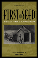 cover of First the Seed is a muted wheat color with an inset illustration of a farmer carrying a basket in a Grant Wood style
