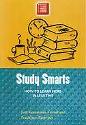 The cover of Study Smarts is yellow and blue, with an illustration of a book, a clock, coffee and pencils.