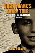 the cover of Korman's book is a sepia photo of a young boy with a background of what looks like some official papers. Inset is a small color photo of a large group of lit candles.