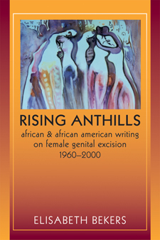 The cover of Rising Anthills is orange and red, with a blue-toned painting of six female figure embracing or oonsoling each other.s 