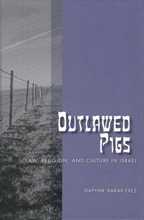 The cover of Outlawed Pigs is purple, with a stark photo of a fence.