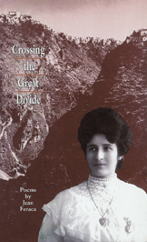 the cover of Feraca's poetry book is black and wine tones. there are two photos, of two Italian hill towns, facing each other across a ravine, and of Jean Feraca's maternal grandmother, Vincenza ("Jenny")