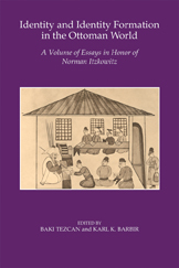 The cover of this book of essays is purple, with an inset drawing of people gathering in a house. The style is Ottoman.