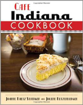 The cover of Cafe Indiana is white and cream, with a photo of a slice of pie.