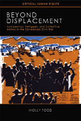 The cover of Beyond Displacement is black, with artwork of a group of displaced people.