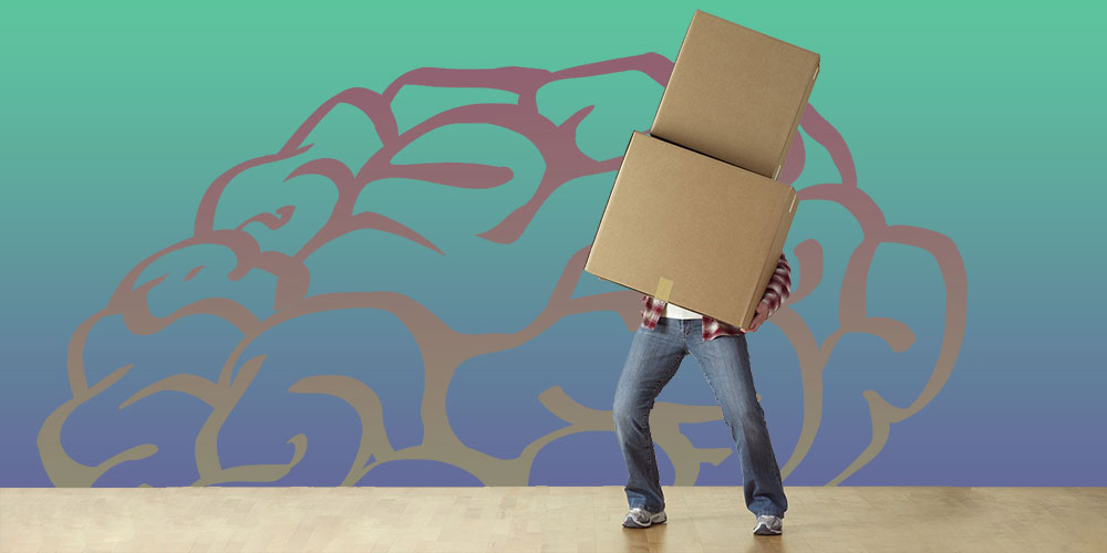 person moving with boxes and graphic of a brain in background